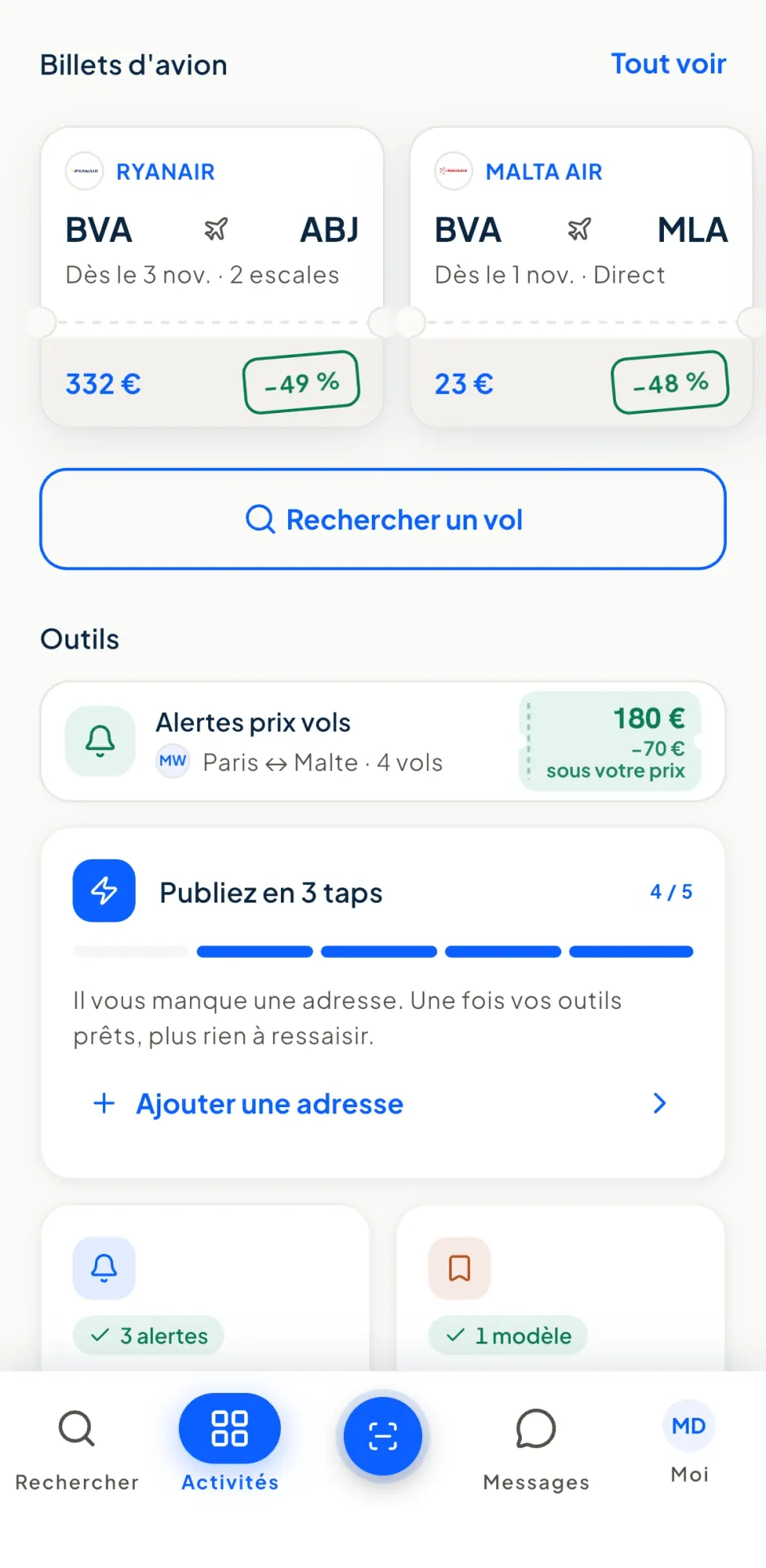 Écran Outils de Yadony : une alerte prix Paris – Malte qui a trouvé quatre vols, dont un à 180 €