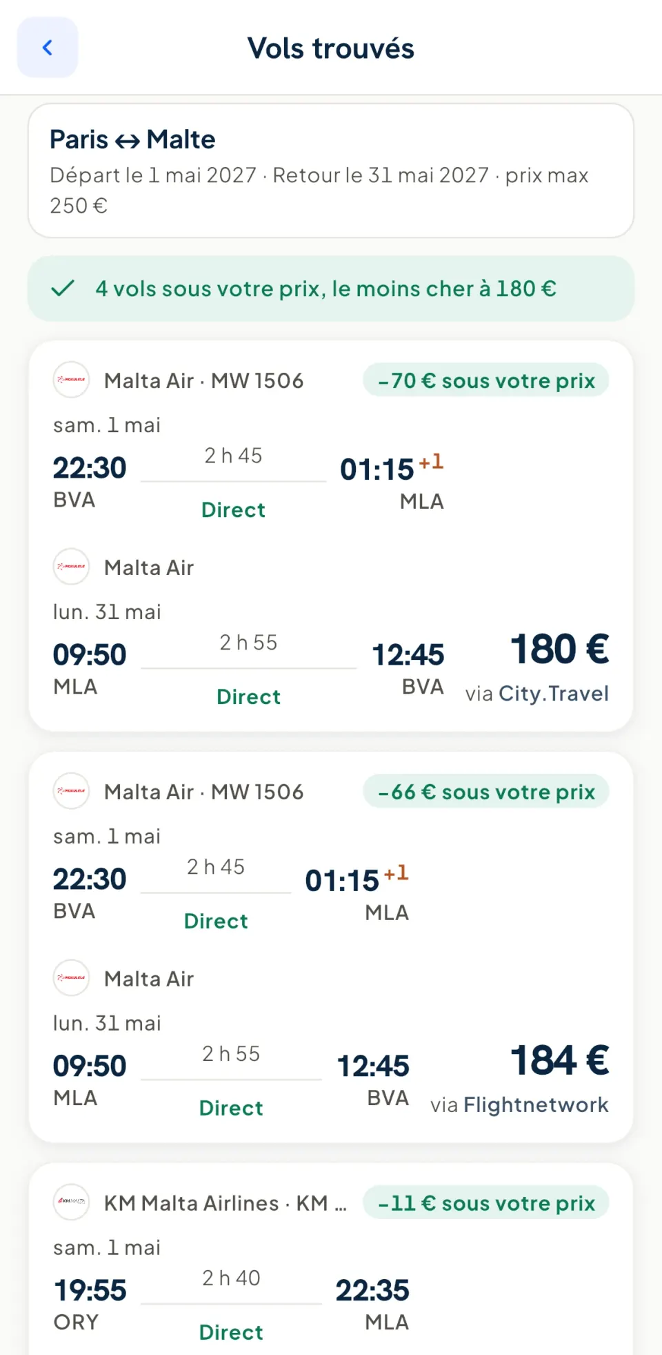 Écran « Vols trouvés » de Yadony : quatre vols sous le prix fixé par l'alerte