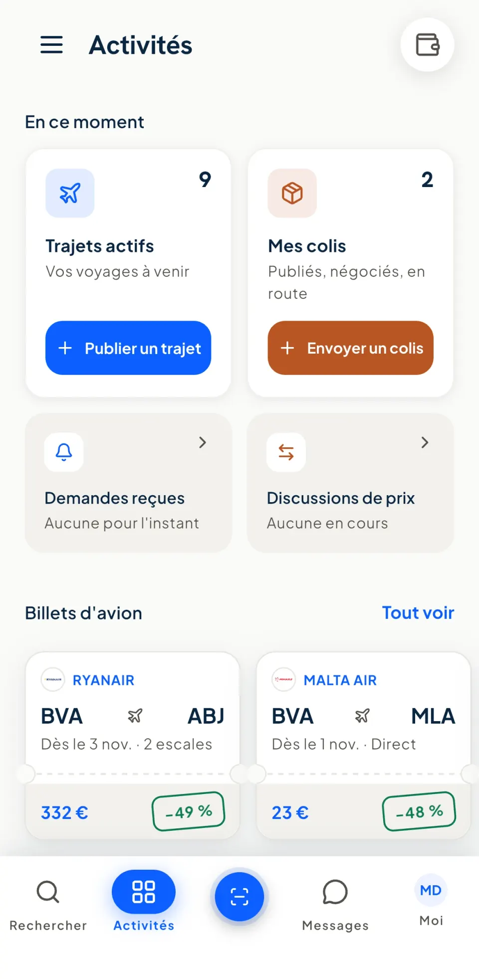 Écran Activités de Yadony : le bloc « Billets d'avion » avec deux bons plans à moins 49 % et moins 48 %
