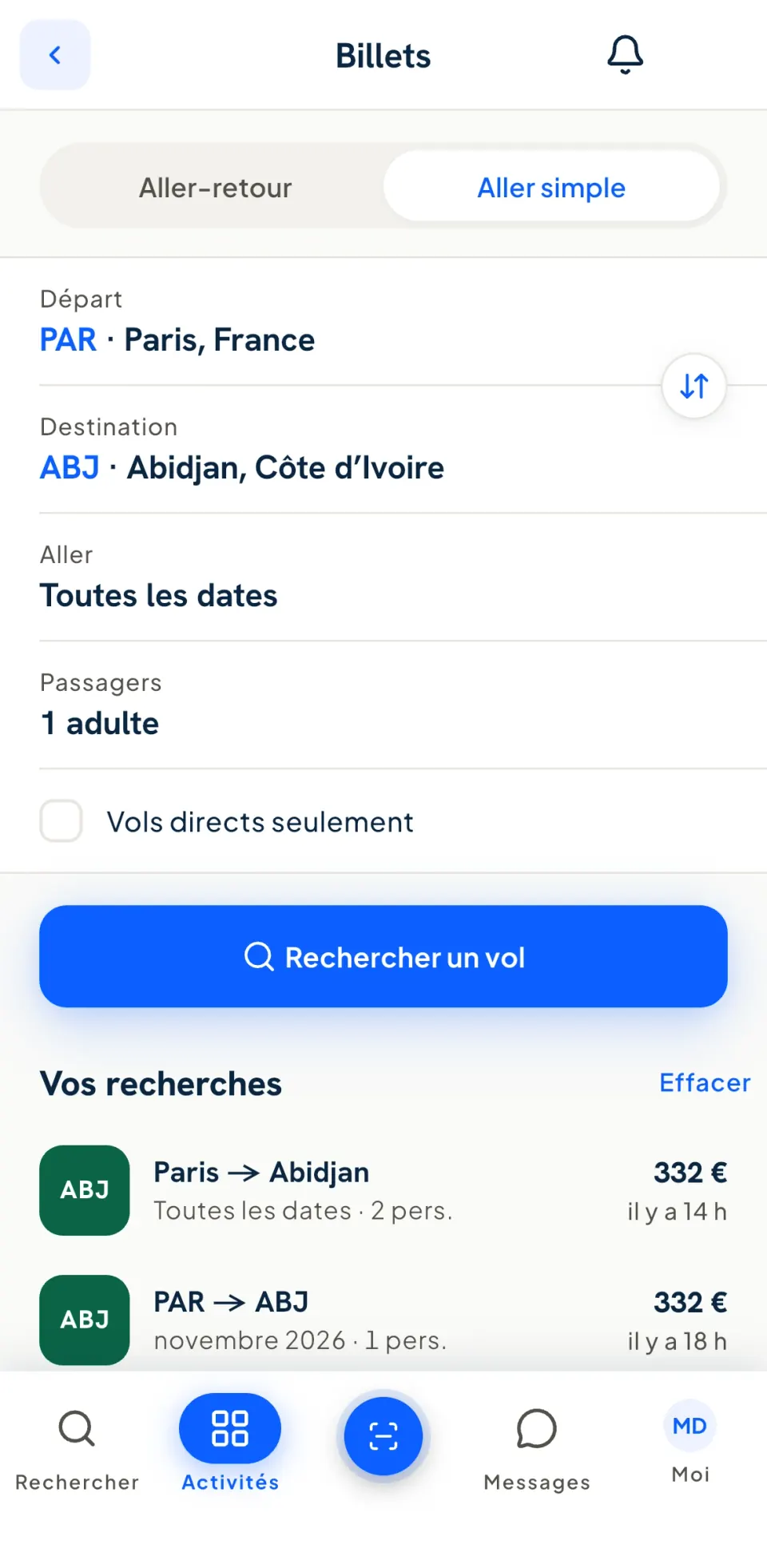 Écran « Billets » de Yadony : recherche d'un vol Paris – Abidjan, aller simple, avec les recherches récentes