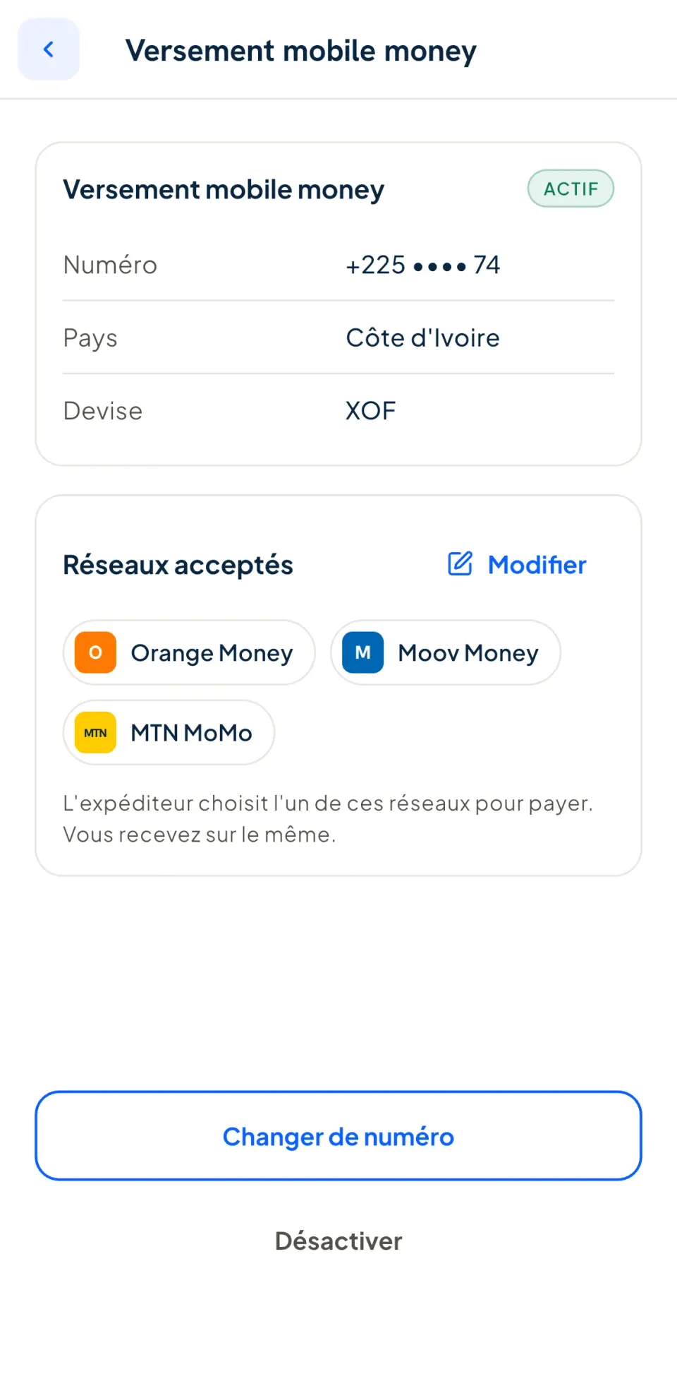 Versement mobile money actif : Orange Money, Moov Money et MTN MoMo acceptés