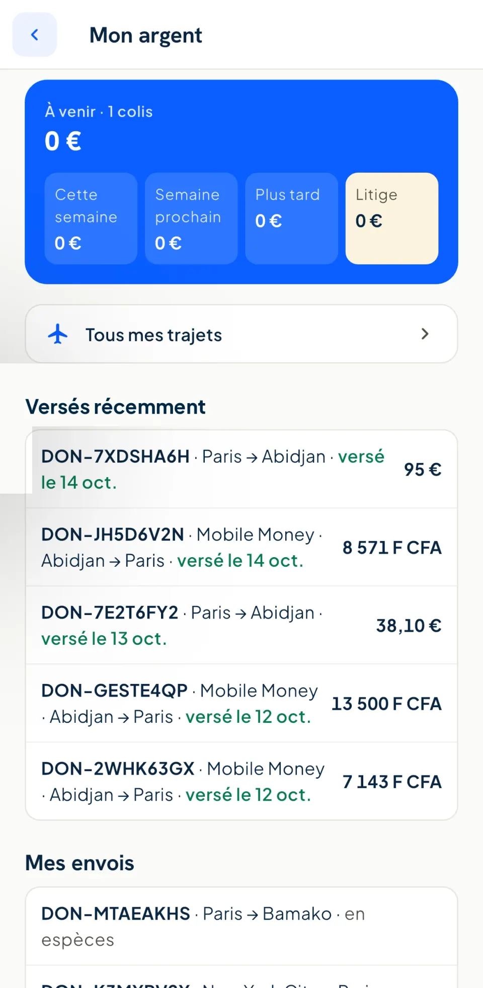 Écran « Mon argent » : les paiements versés récemment pour chaque colis livré, en euros et en francs CFA