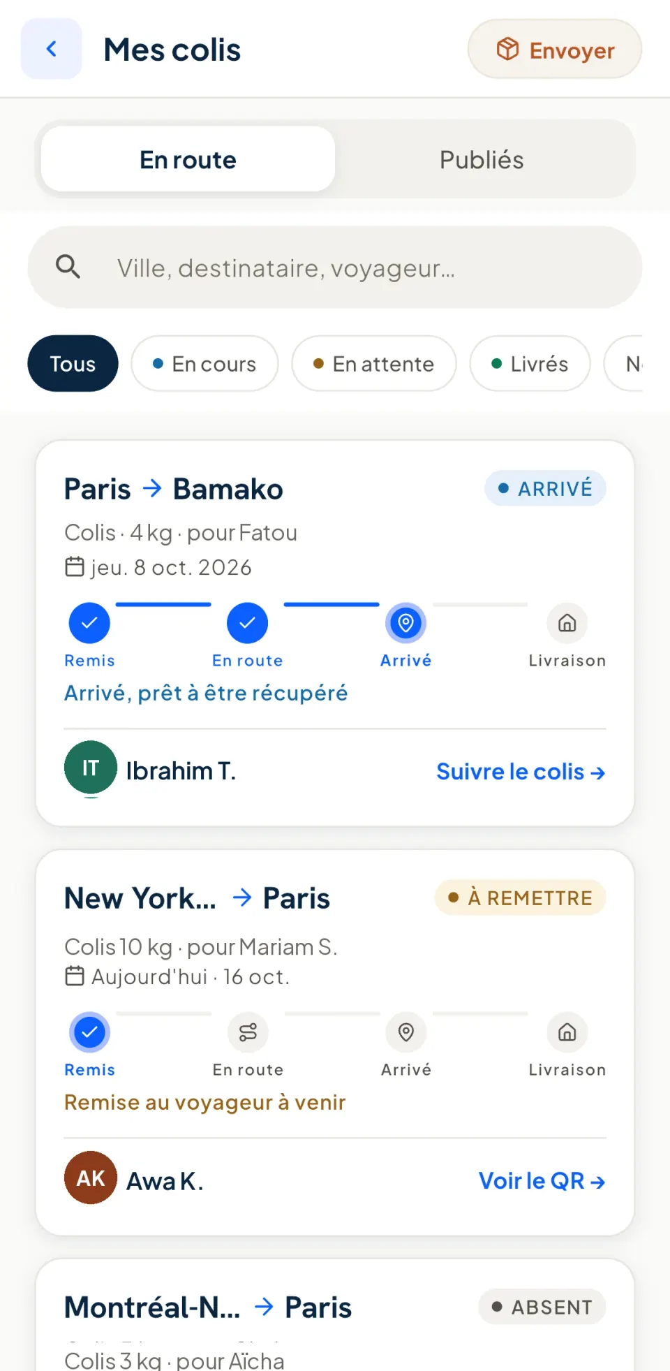 Écran « Mes colis » de Yadony : un colis Paris – Bamako arrivé, prêt à être récupéré