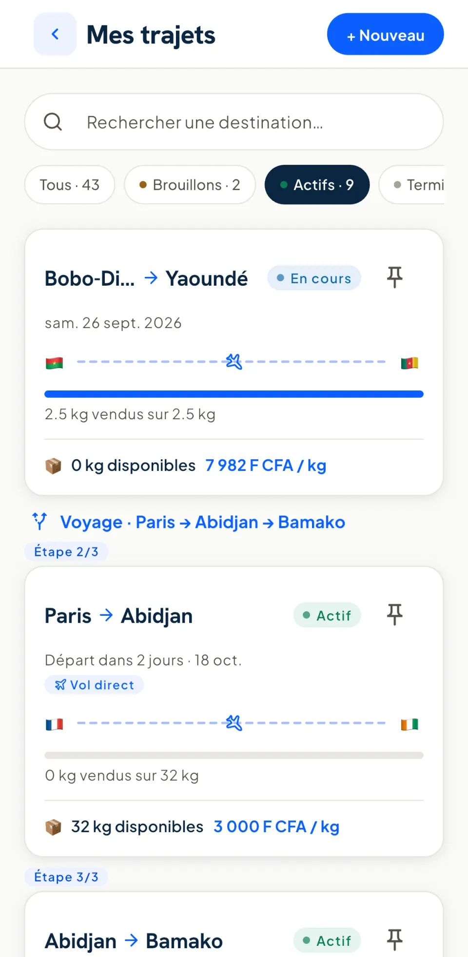 Écran « Mes trajets » de Yadony : les kilos vendus et disponibles de chaque trajet