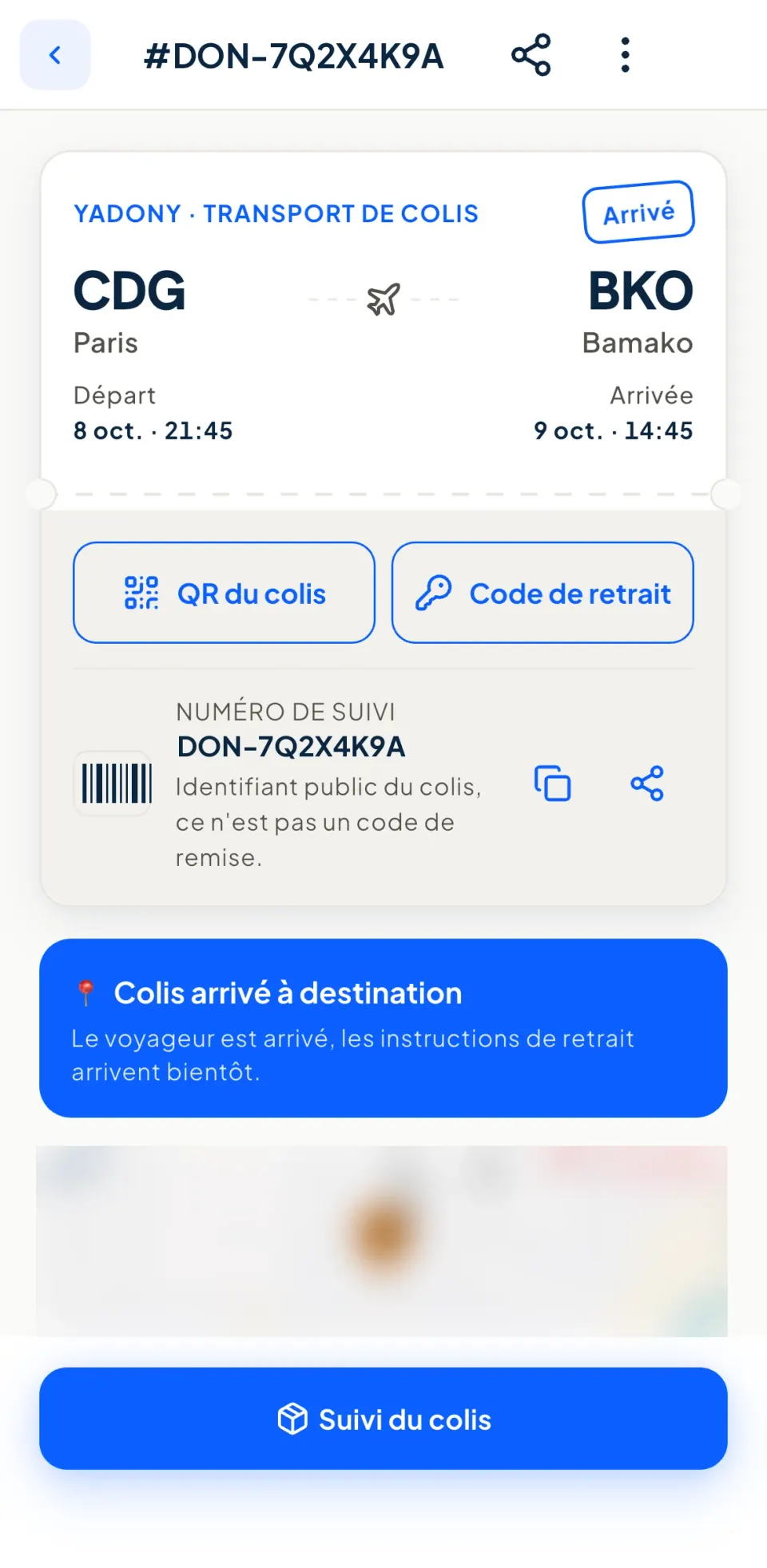 Billet d'un colis Paris – Bamako : QR du colis, code de retrait et numéro de suivi