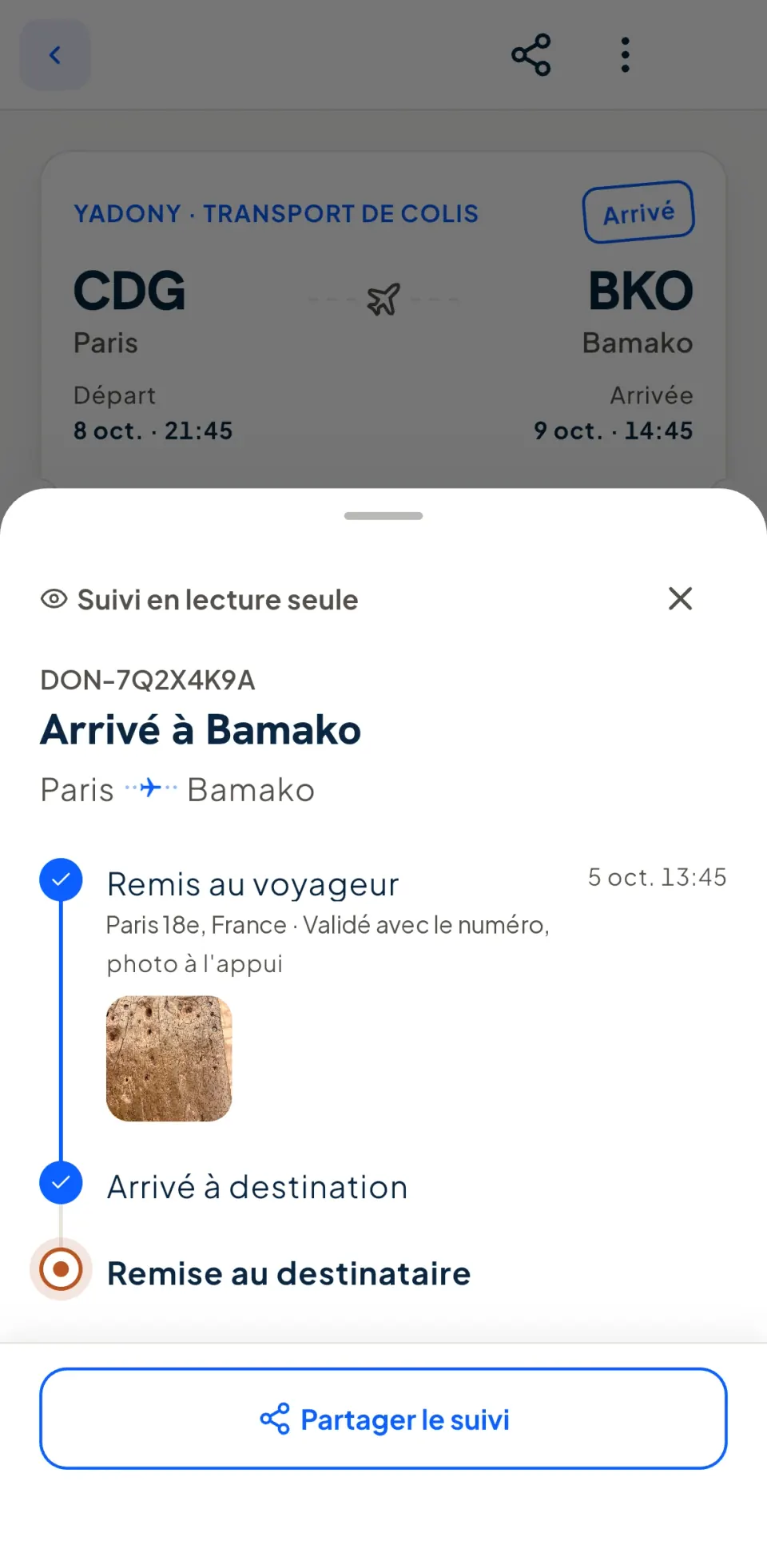Suivi en lecture seule d'un colis arrivé à Bamako, avec la photo prise à la remise