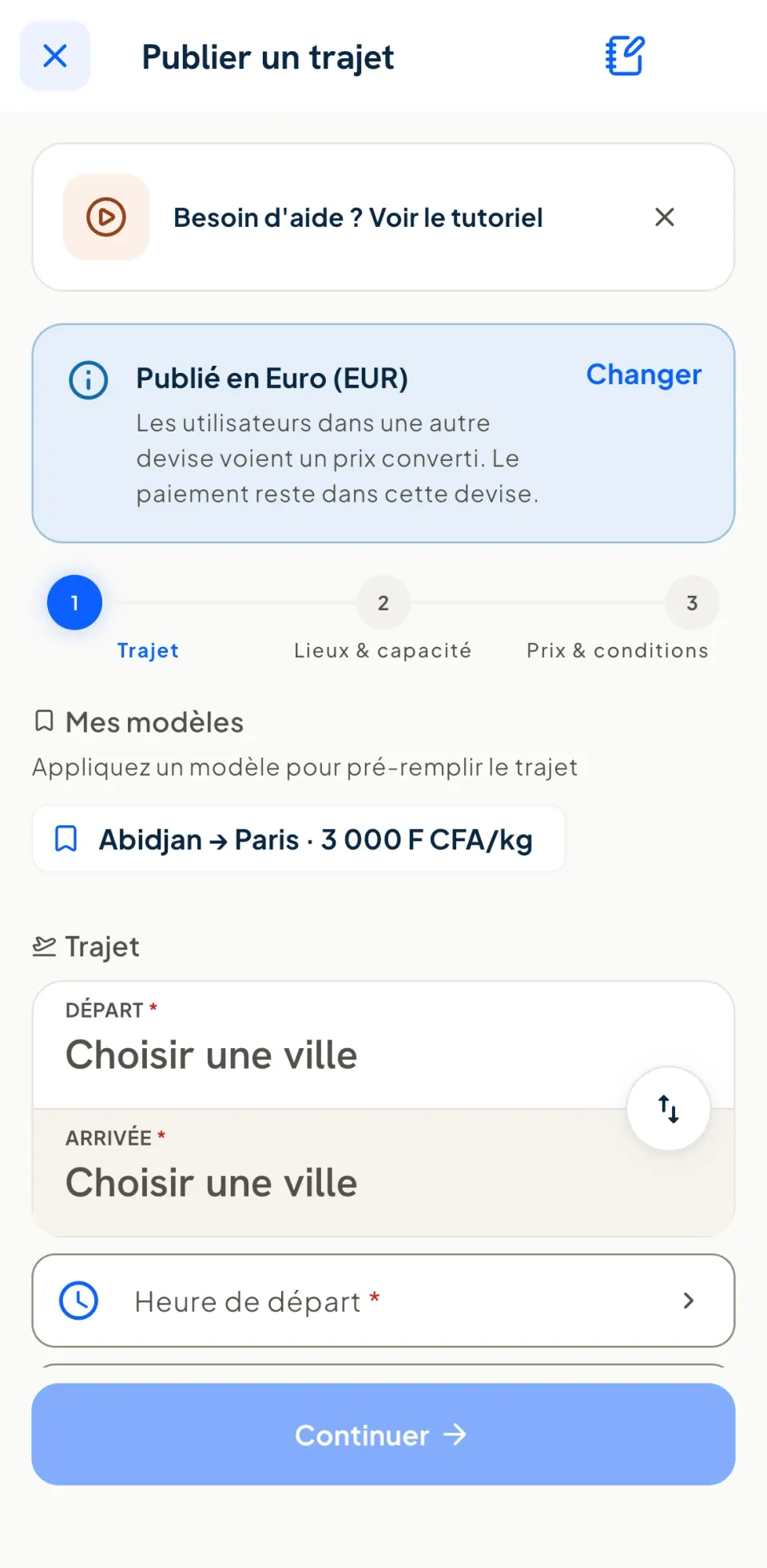 Écran « Publier un trajet » : première étape sur trois, devise de publication et modèles de trajet