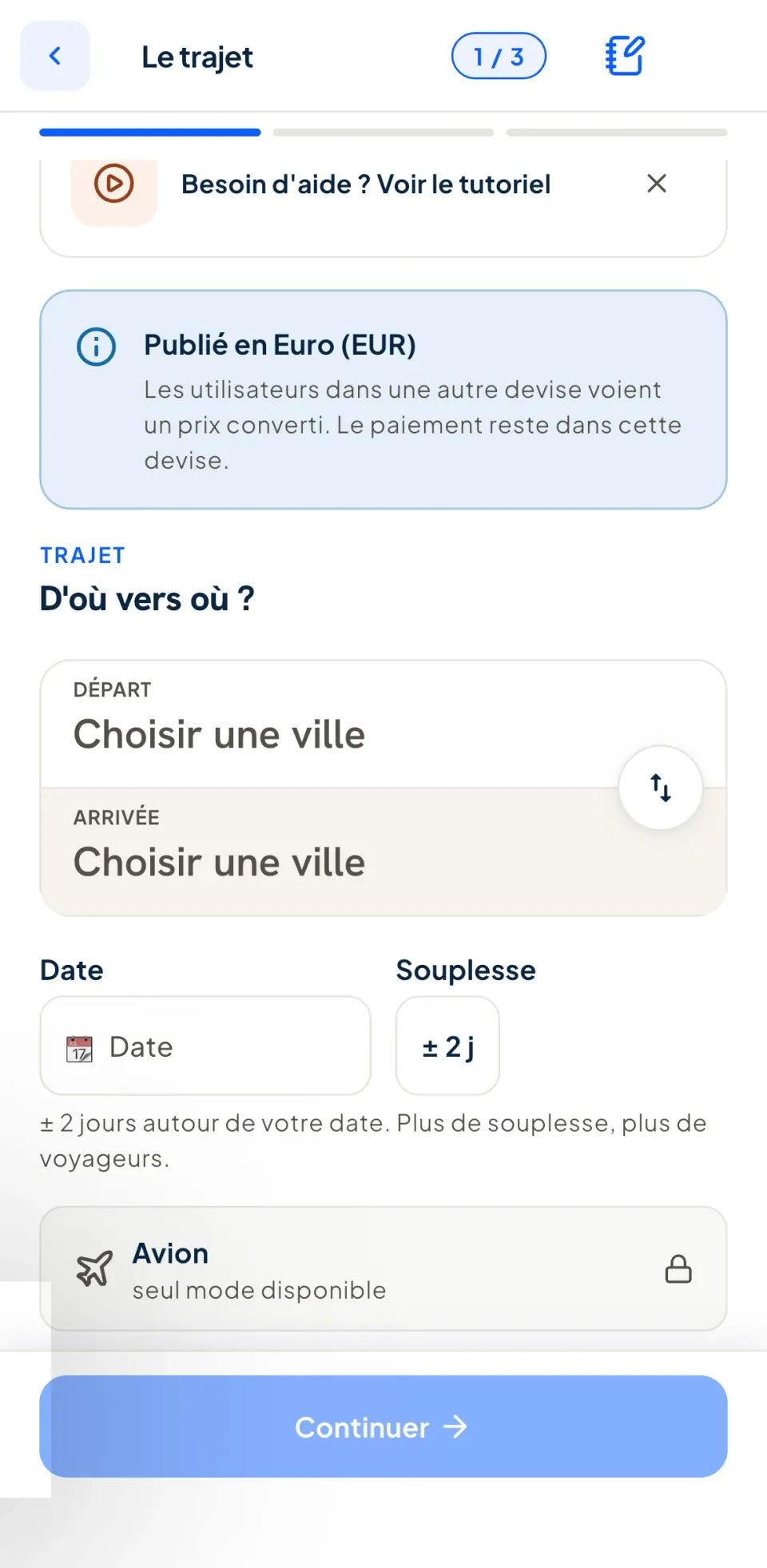 Première étape d'une demande d'envoi : villes de départ et d'arrivée, date et souplesse de plus ou moins deux jours