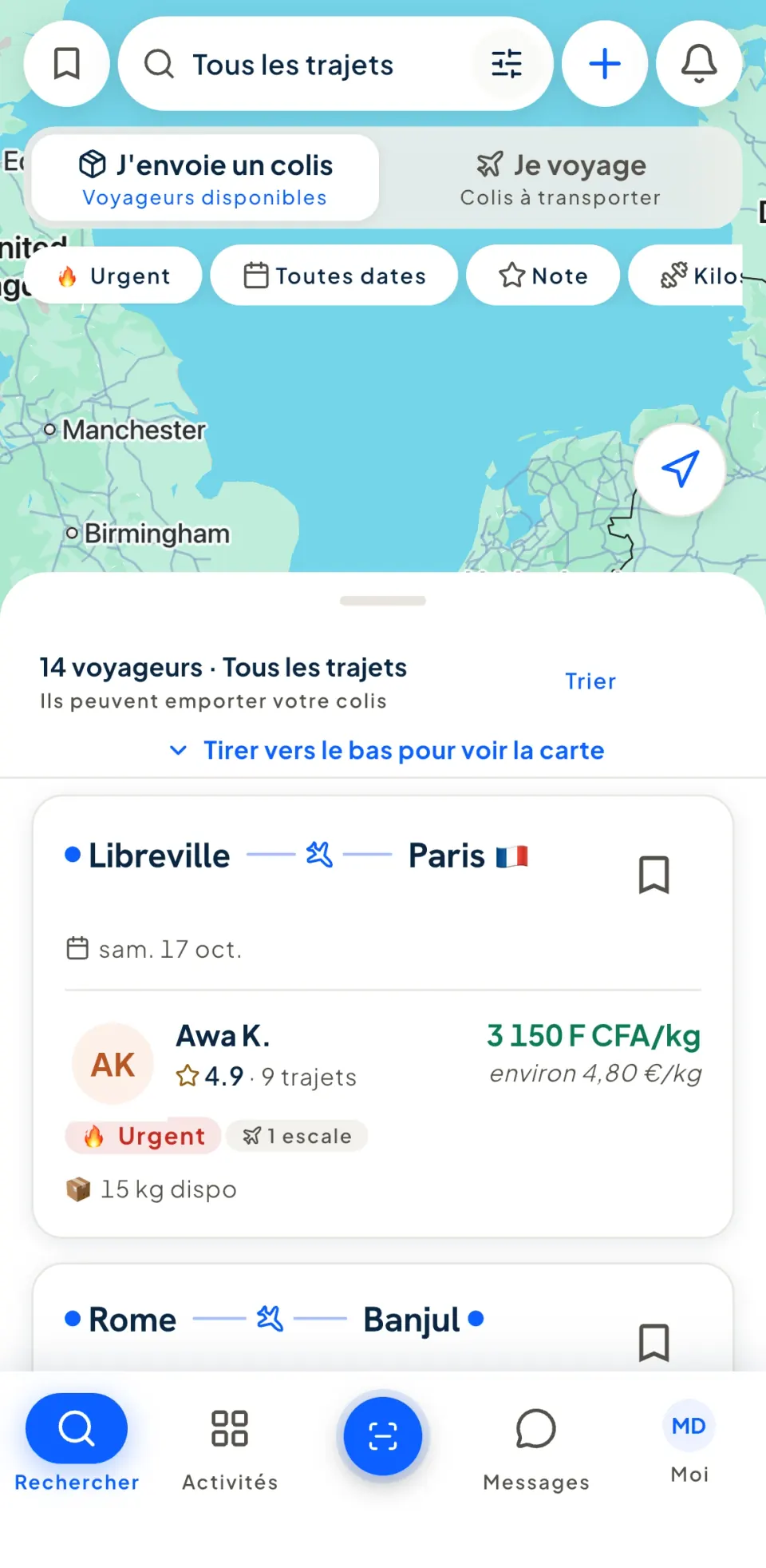 Écran Rechercher de Yadony : carte et liste des voyageurs disponibles, avec leur prix au kilo