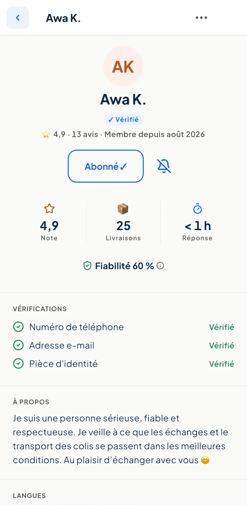 Profil public d'une voyageuse : note, nombre de livraisons, téléphone, e-mail et pièce d'identité vérifiés
