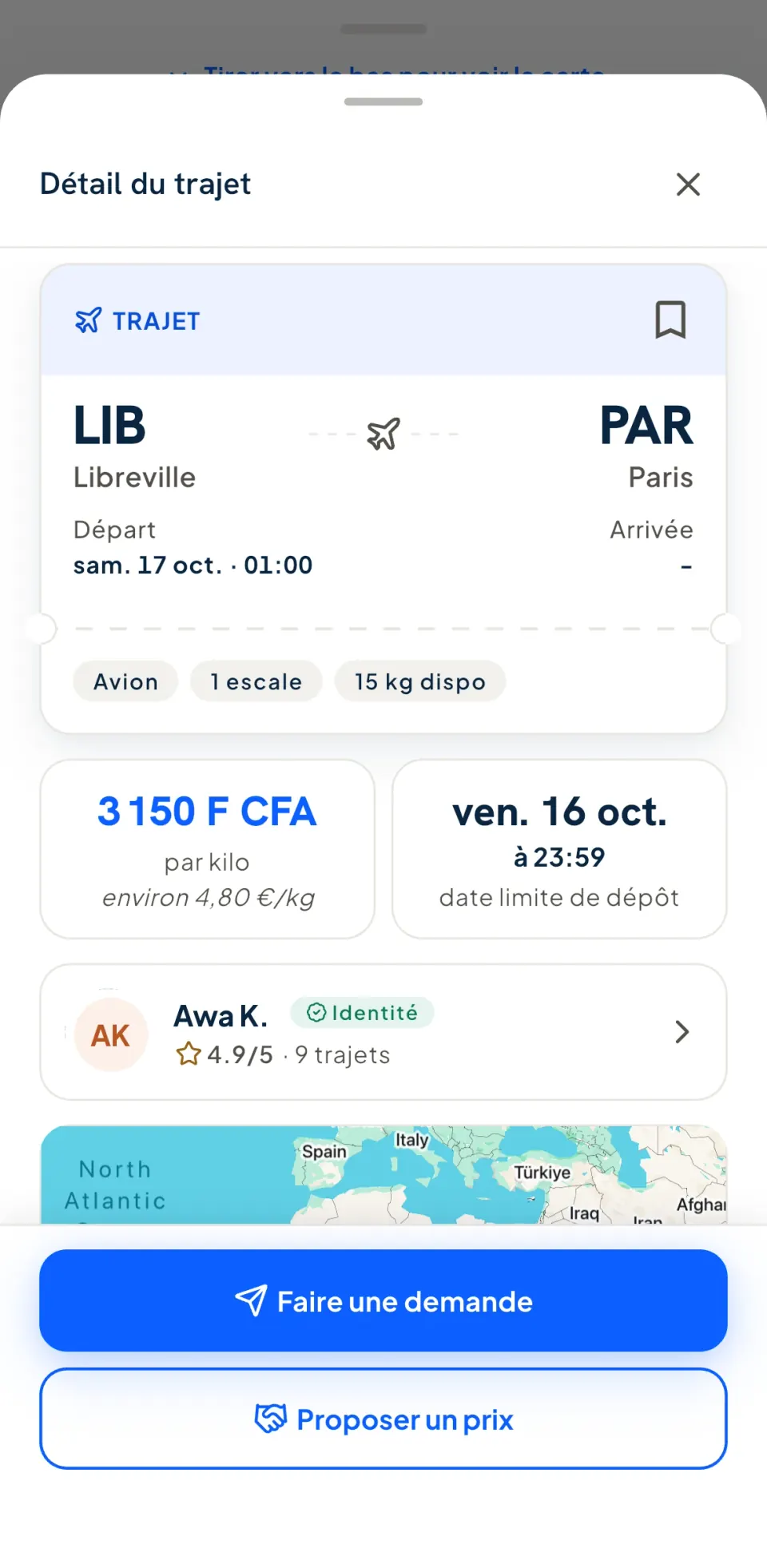 Détail d'un trajet dans Yadony : prix au kilo, date limite de dépôt, voyageuse vérifiée, boutons « Faire une demande » et « Proposer un prix »
