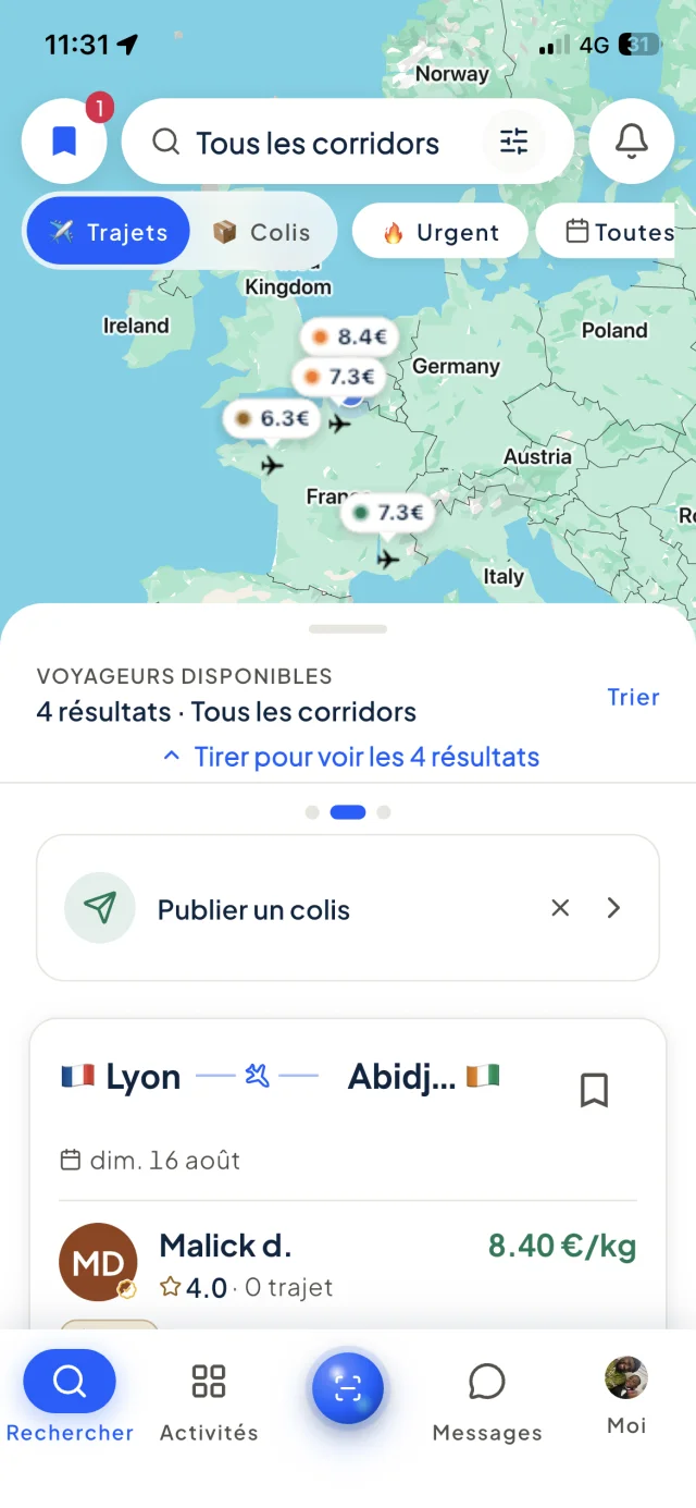 Écran d'accueil de l'application yadony montrant les trajets disponibles