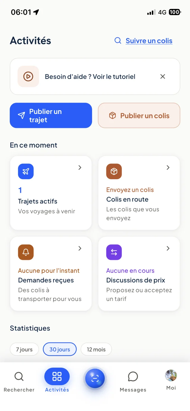 Écran de dépôt affichant le QR code du colis